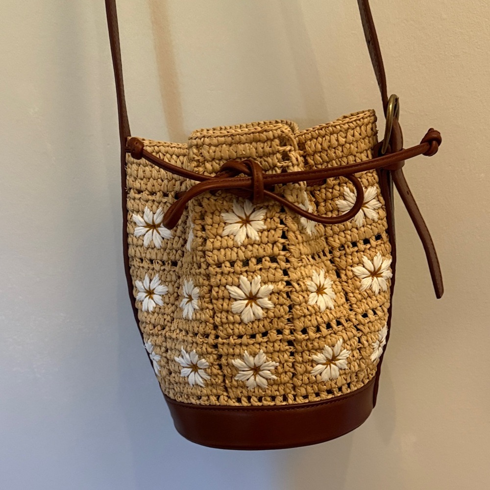 Sezane Raffia Leather Crochet Bucket Bag